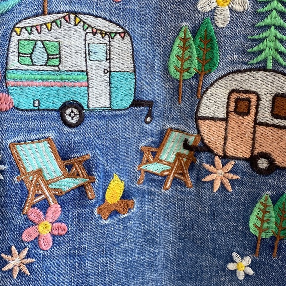 Billy T Denim Happy Camper Embroidered Shirt Shacket Overshirt MSRP $142 - Picture 11 of 16